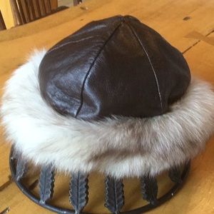 Upcycled leather & fox fur hat.